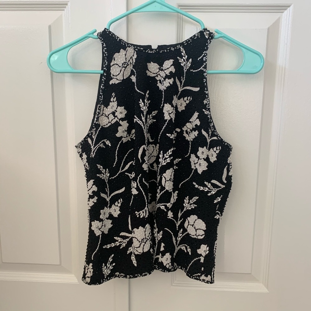 Silk Beaded High-Neck Blouse Black and White